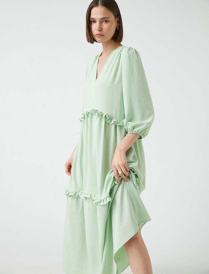  Fırfırlı Uzun Elbise V Yaka Dökümlü Rahat Kesim