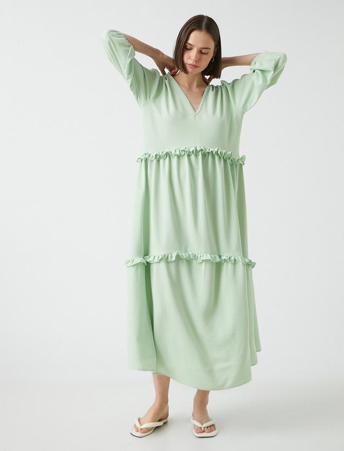  Fırfırlı Uzun Elbise V Yaka Dökümlü Rahat Kesim