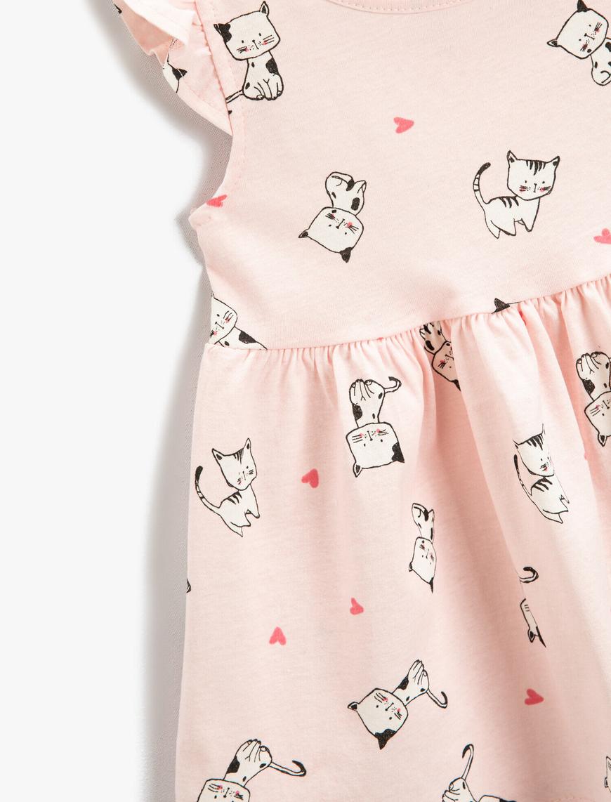  Kız Bebek Elbise Kedi Baskılı Fırfırlı Pamuklu