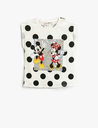 Puantiyeli Pullu Payetli Mini ve Mickey Mouse Baskılı Lisanslı Tişört Pamuklu