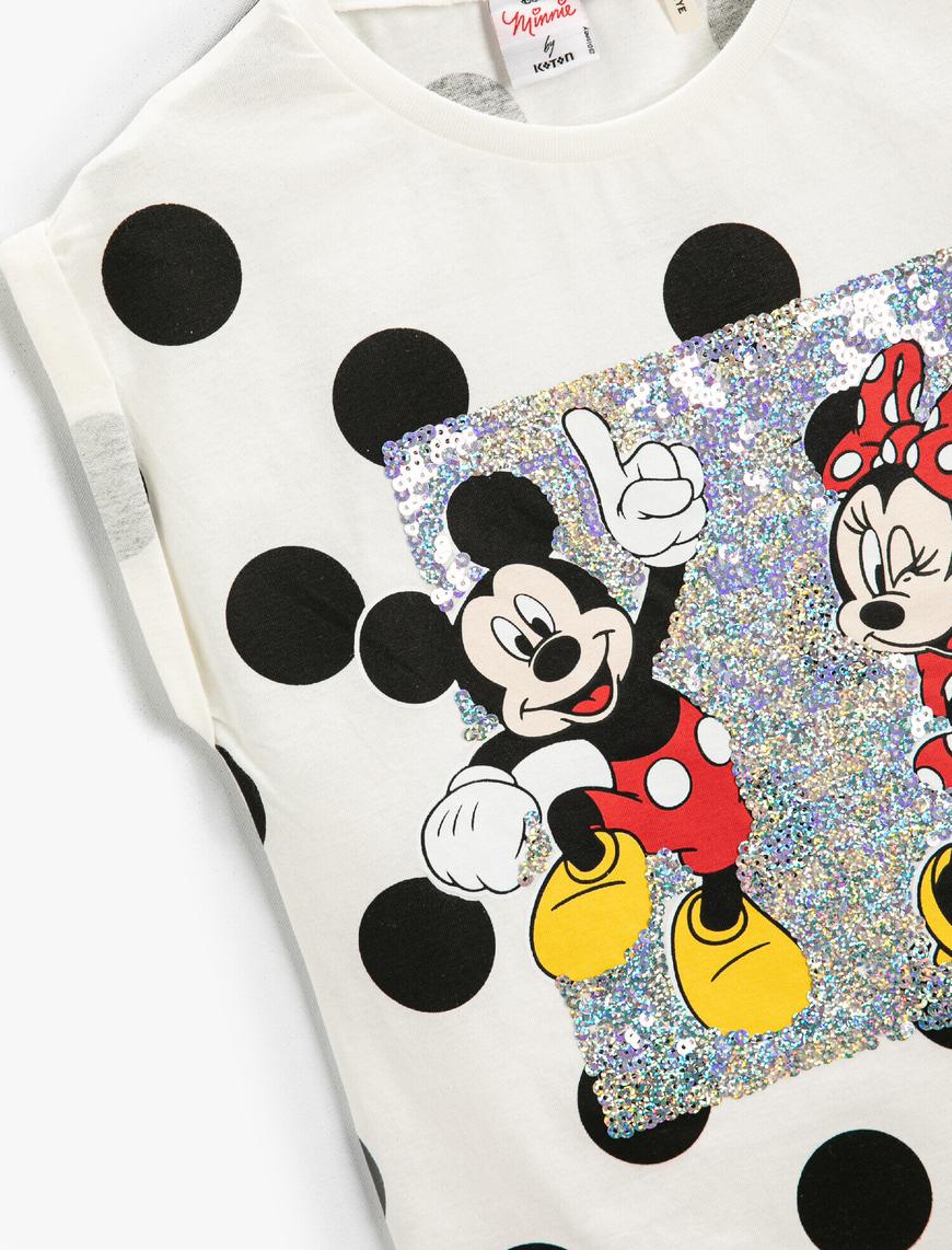  Kız Çocuk Puantiyeli Pullu Payetli Mini ve Mickey Mouse Baskılı Lisanslı Tişört Pamuklu