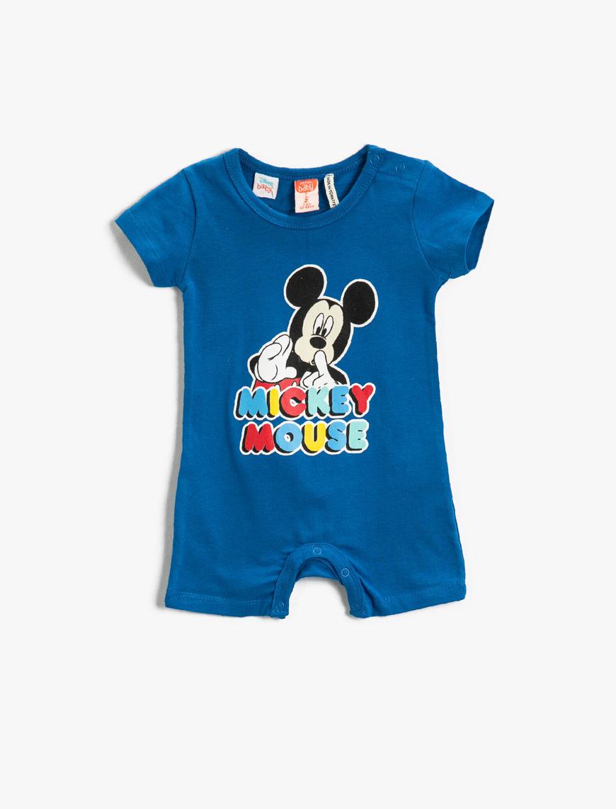  Erkek Bebek Şort Tulum Düğmeli Kısa Kollu Pamuklu Mickey Mouse Baskılı Lisanslı