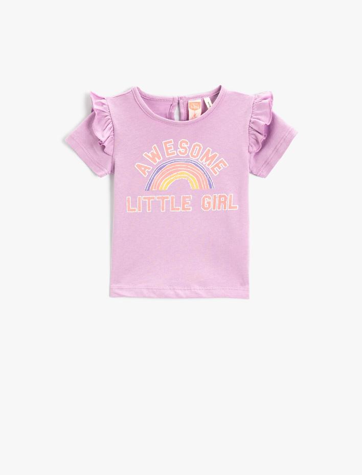 Kız Bebek Slogan Baskılı Fırfırlı Tişört Kısa Kollu Bisiklet Yaka Pamuklu