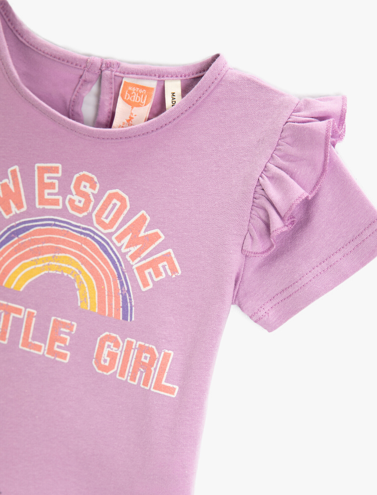  Kız Bebek Slogan Baskılı Fırfırlı Tişört Kısa Kollu Bisiklet Yaka Pamuklu