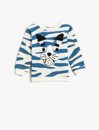 Mavi Zebra Desenli 3 Boyutlu Hayvan Baskılı Sweatshirt Pamuklu