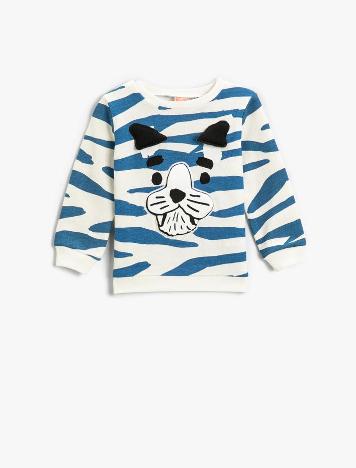 Erkek Bebek Mavi Zebra Desenli 3 Boyutlu Hayvan Baskılı Sweatshirt Pamuklu
