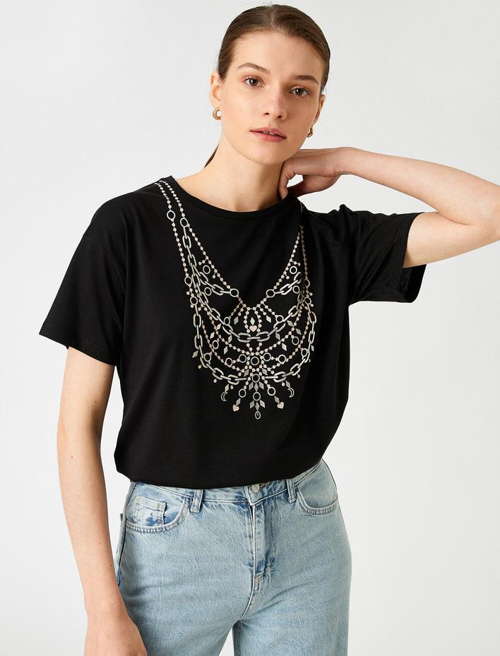  Baskılı Tişört Bisiklet Yaka Kısa Kollu Modal Karışımlı