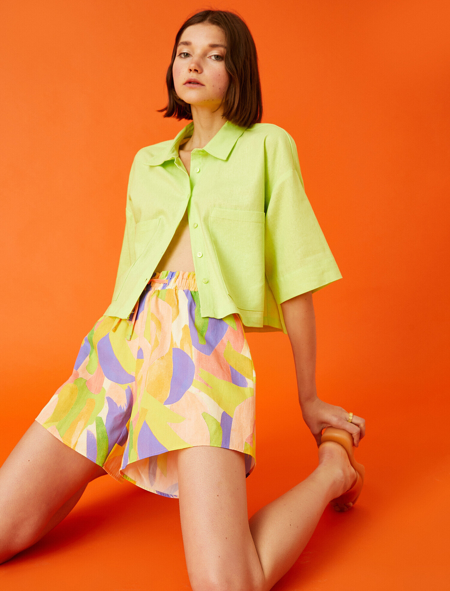   Oversize Crop Kısa Kollu Gömlek Keten Karışımlı