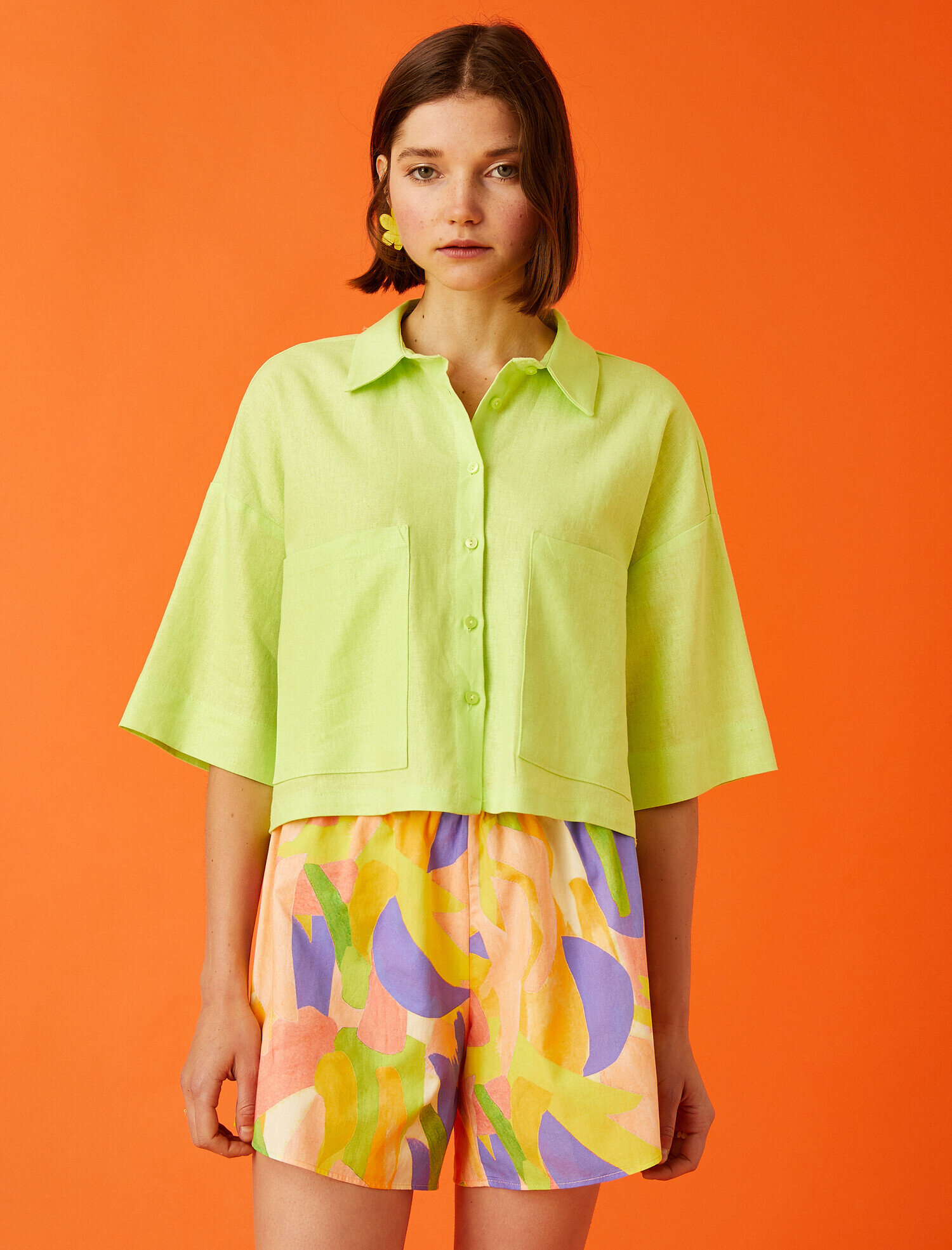   Oversize Crop Kısa Kollu Gömlek Keten Karışımlı