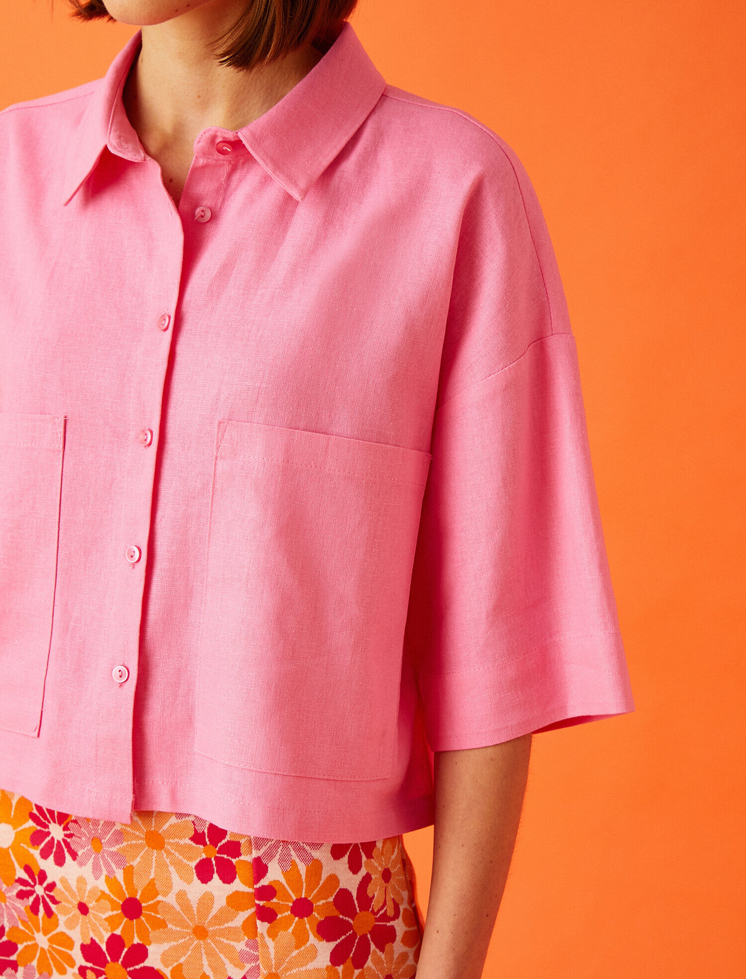   Oversize Crop Kısa Kollu Gömlek Keten Karışımlı