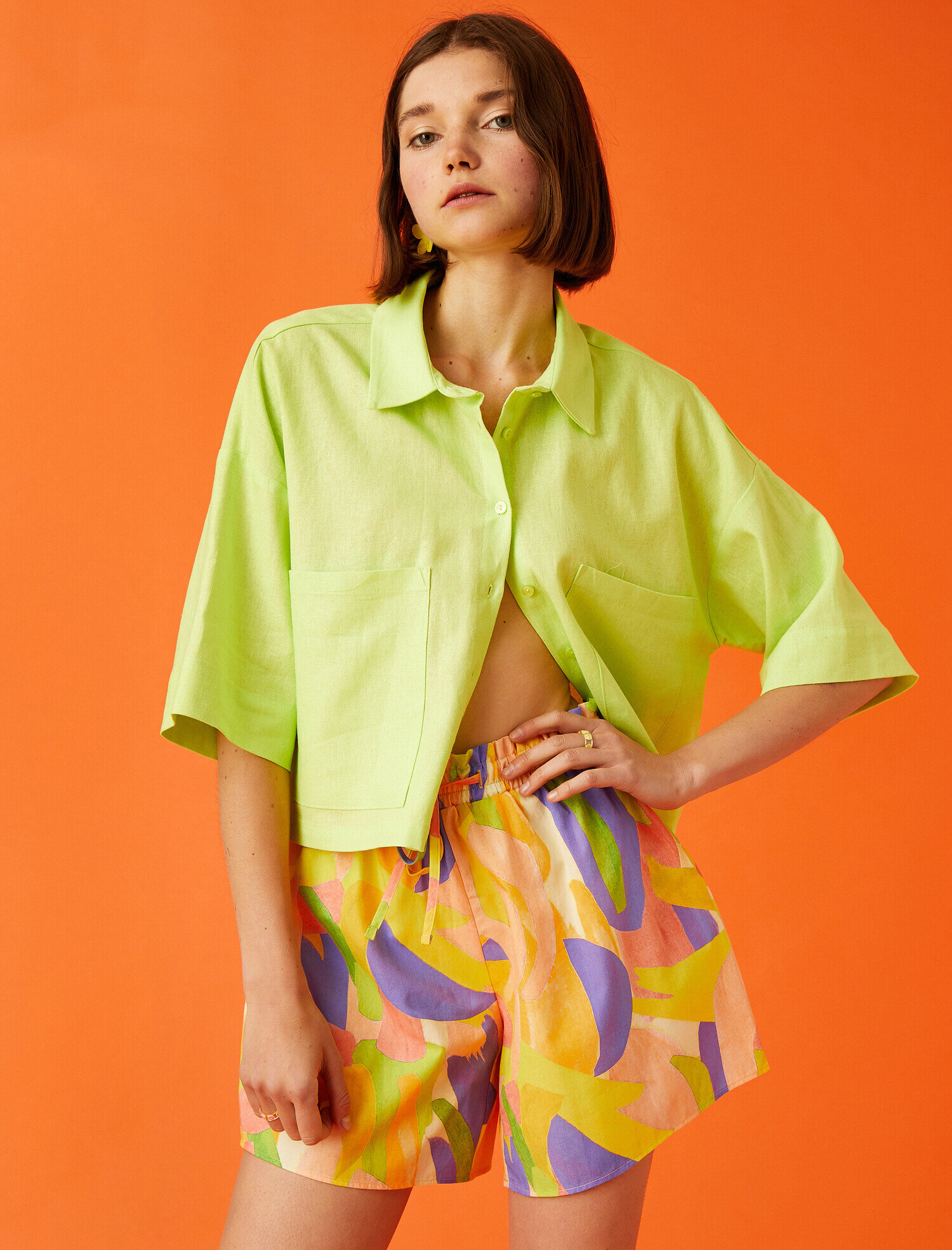   Oversize Crop Kısa Kollu Gömlek Keten Karışımlı