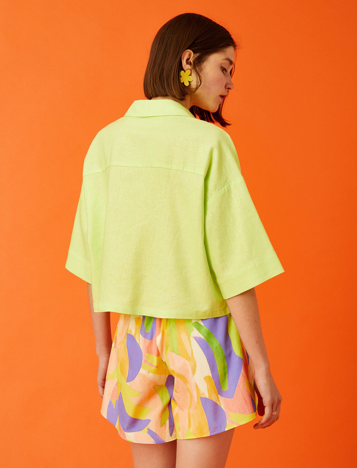   Oversize Crop Kısa Kollu Gömlek Keten Karışımlı