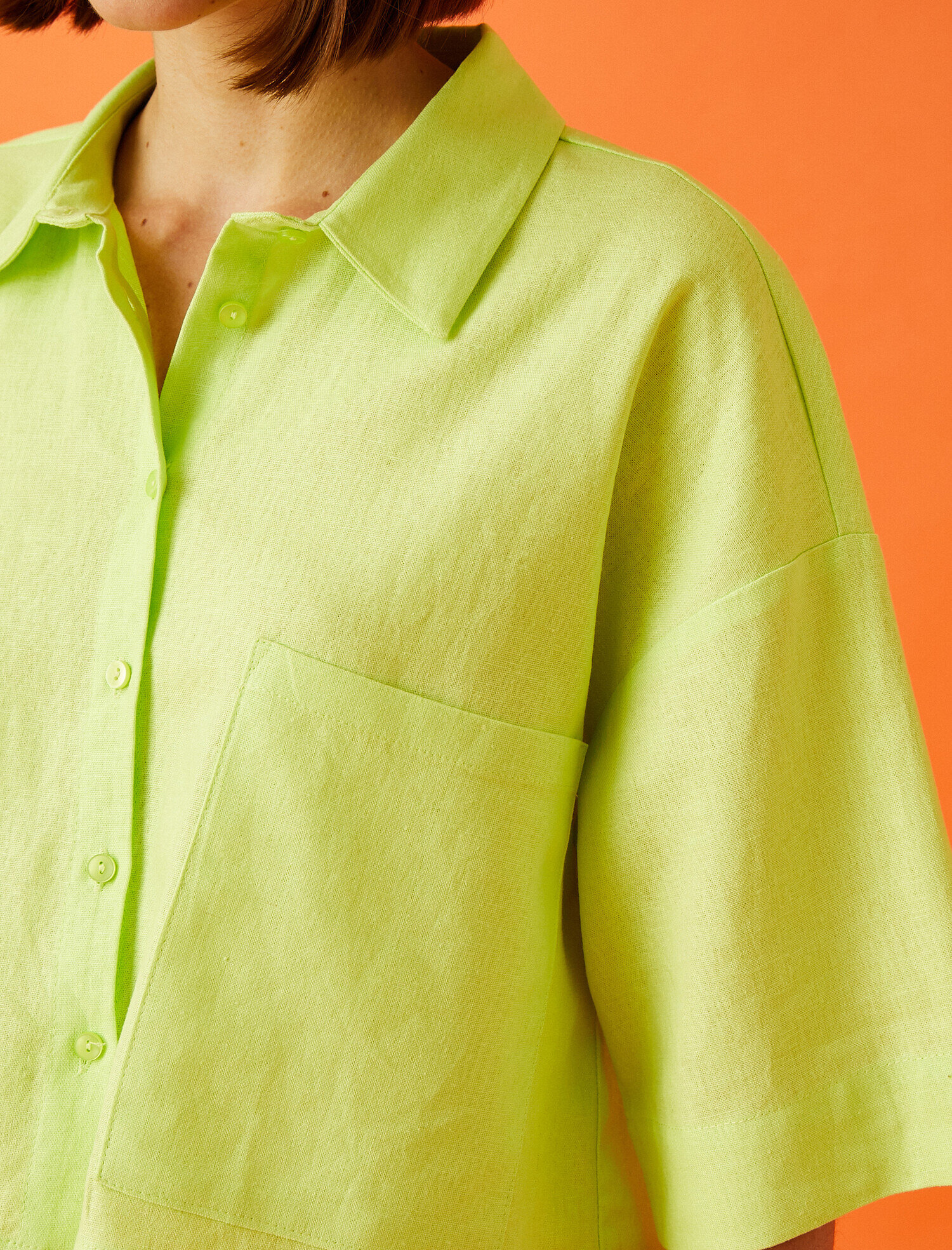   Oversize Crop Kısa Kollu Gömlek Keten Karışımlı