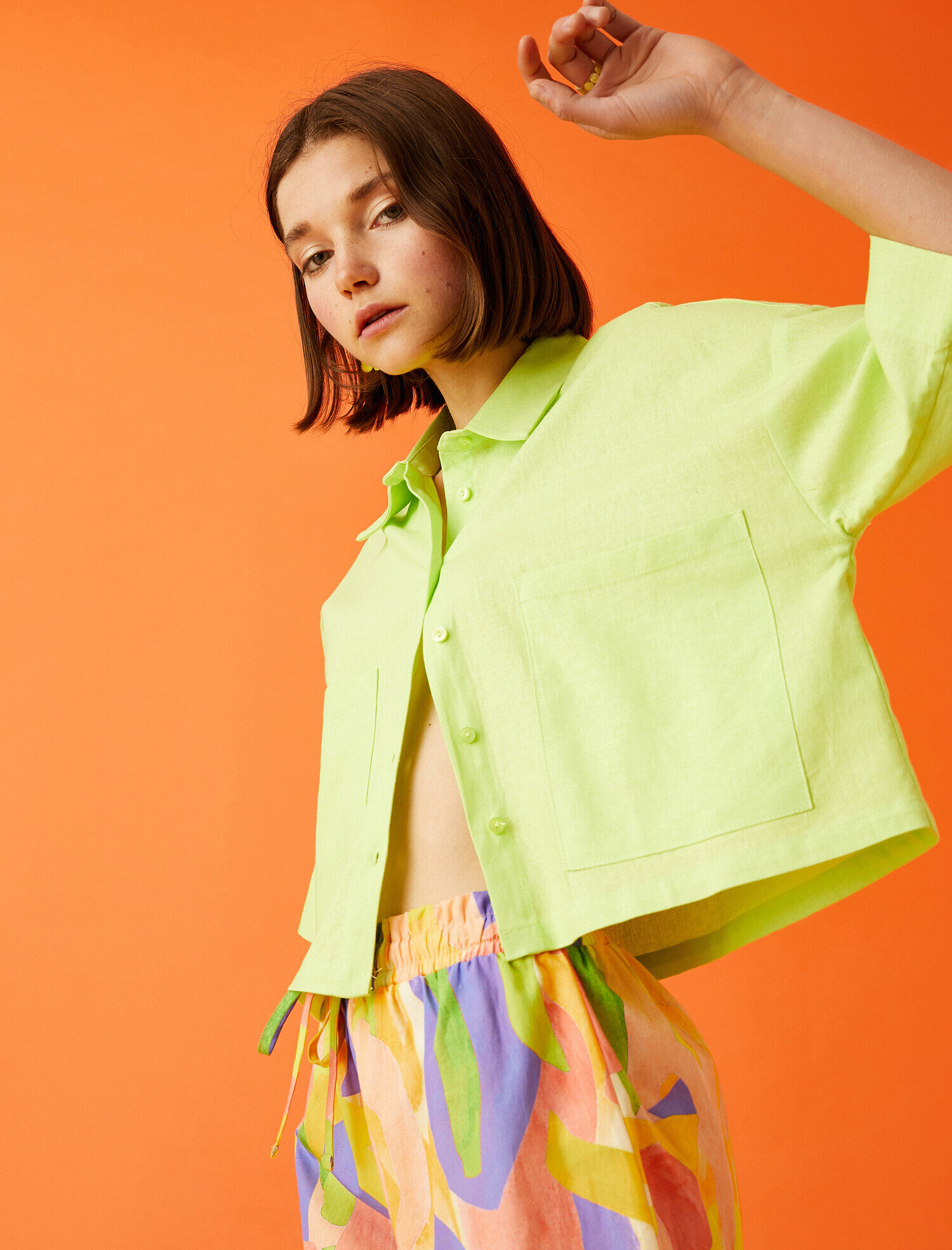   Oversize Crop Kısa Kollu Gömlek Keten Karışımlı