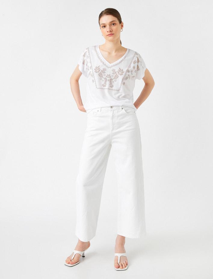  Çiçek Baskılı Tişört V Yaka Kısa Kollu