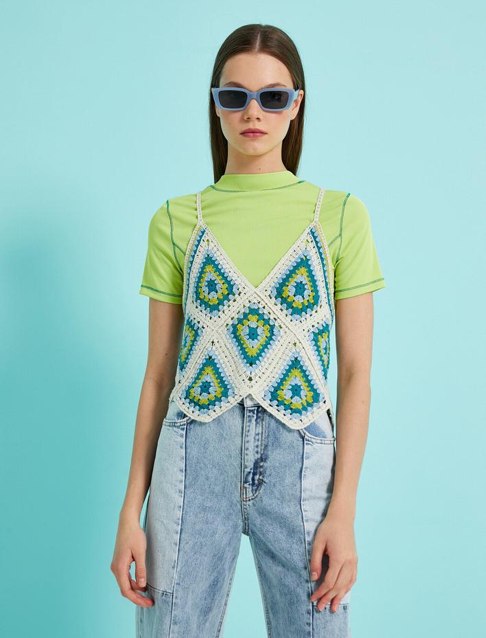  Geometrik Desenli Örgü Crop Atlet