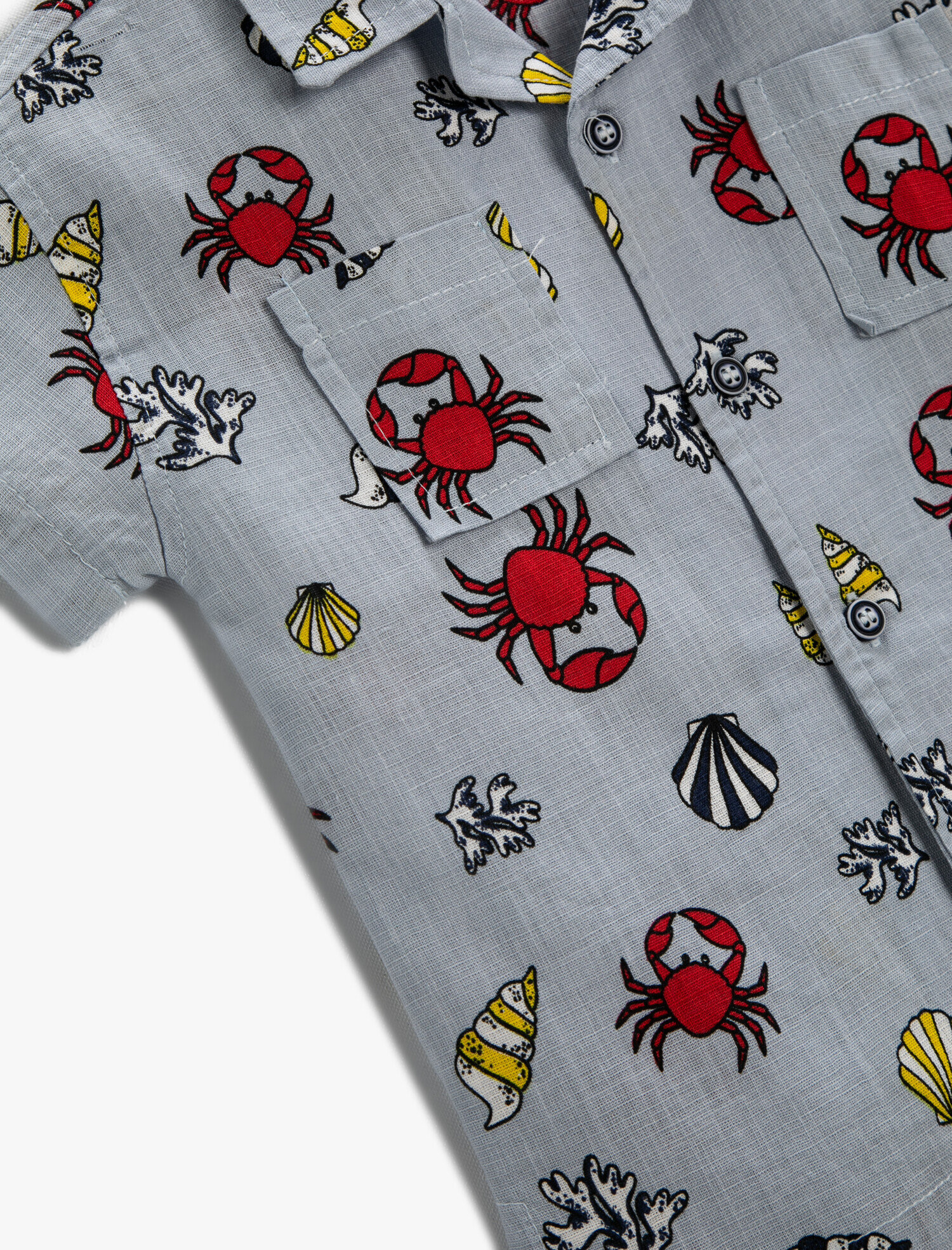  Erkek Bebek Kısa Kollu Gömlek Yengeç Desenli Pamuklu Cepli