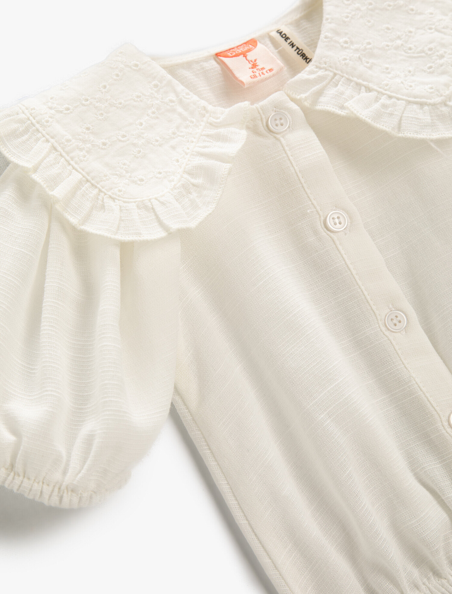  Kız Bebek Bebe Yaka Crop Gömlek Balon Kollu İşlemeli Pamuklu