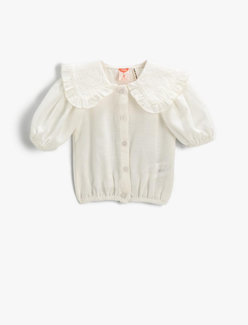  Kız Bebek Bebe Yaka Crop Gömlek Balon Kollu İşlemeli Pamuklu