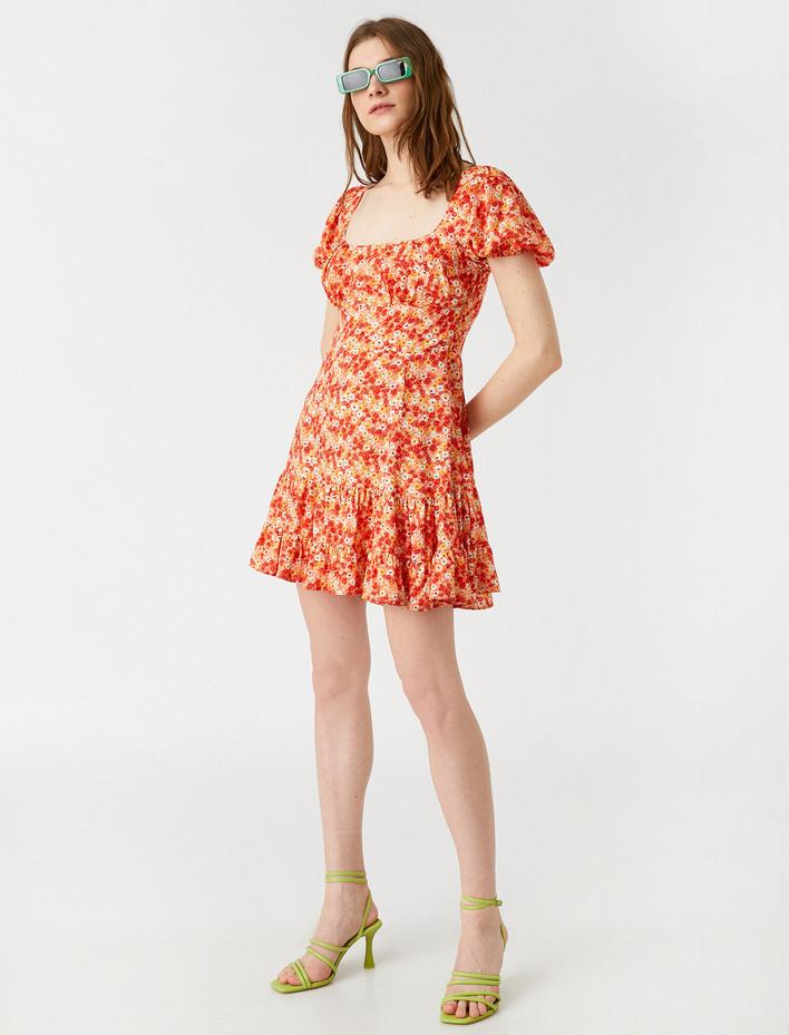  Mini Viskon Balon Kol Elbise Çiçek Desenli