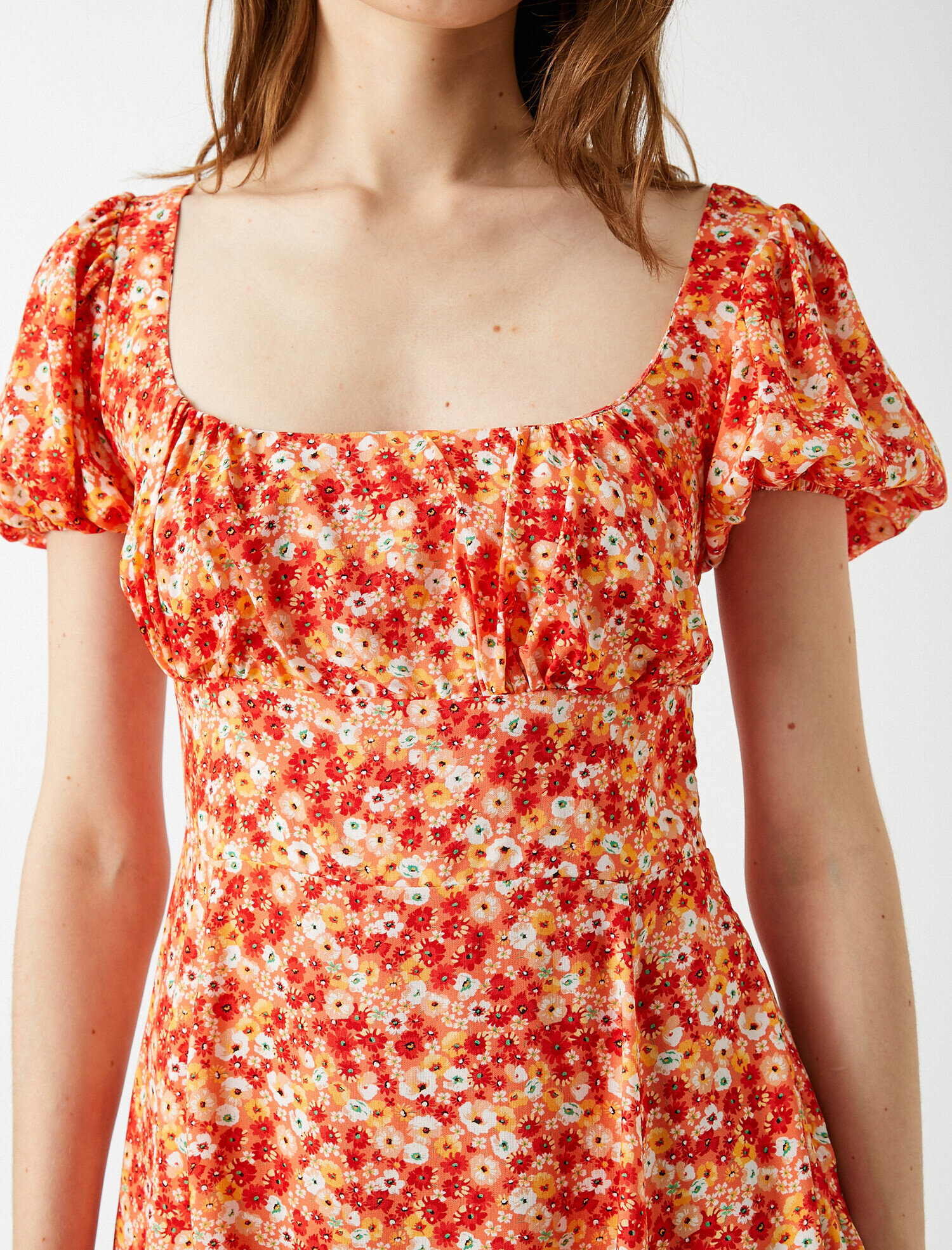   Mini Viskon Balon Kol Elbise Çiçek Desenli