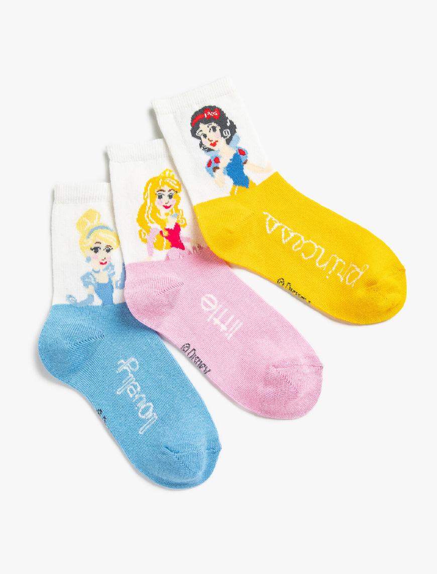  Kız Çocuk 3'lü Disney Prensesleri Lisanslı Baskılı Çorap Seti