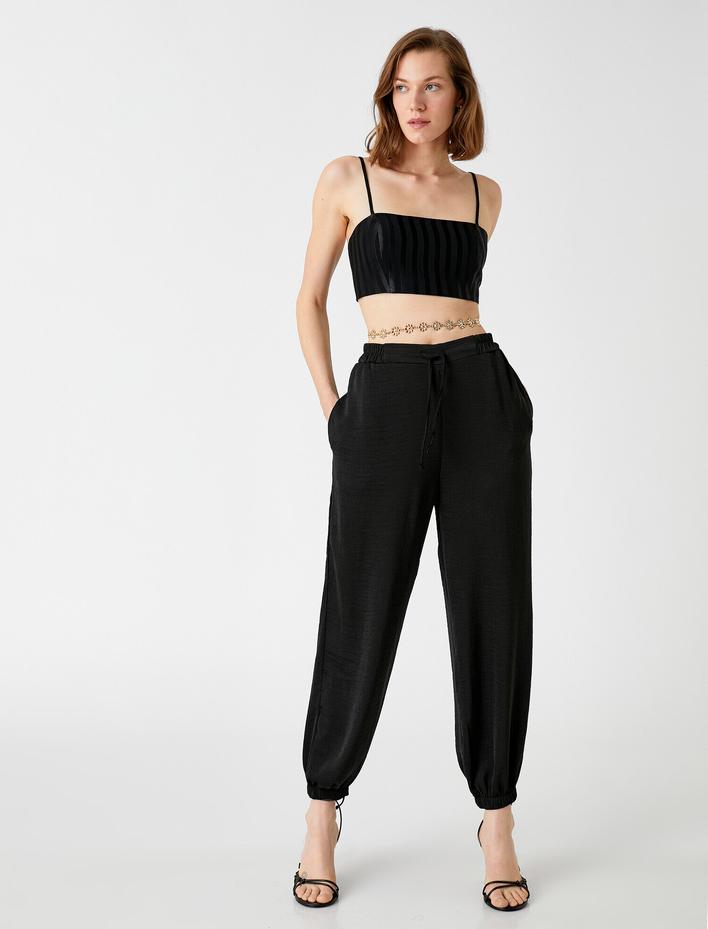  Jogger Pantolon Beli Bağlamalı Cepli Saten Görünümlü