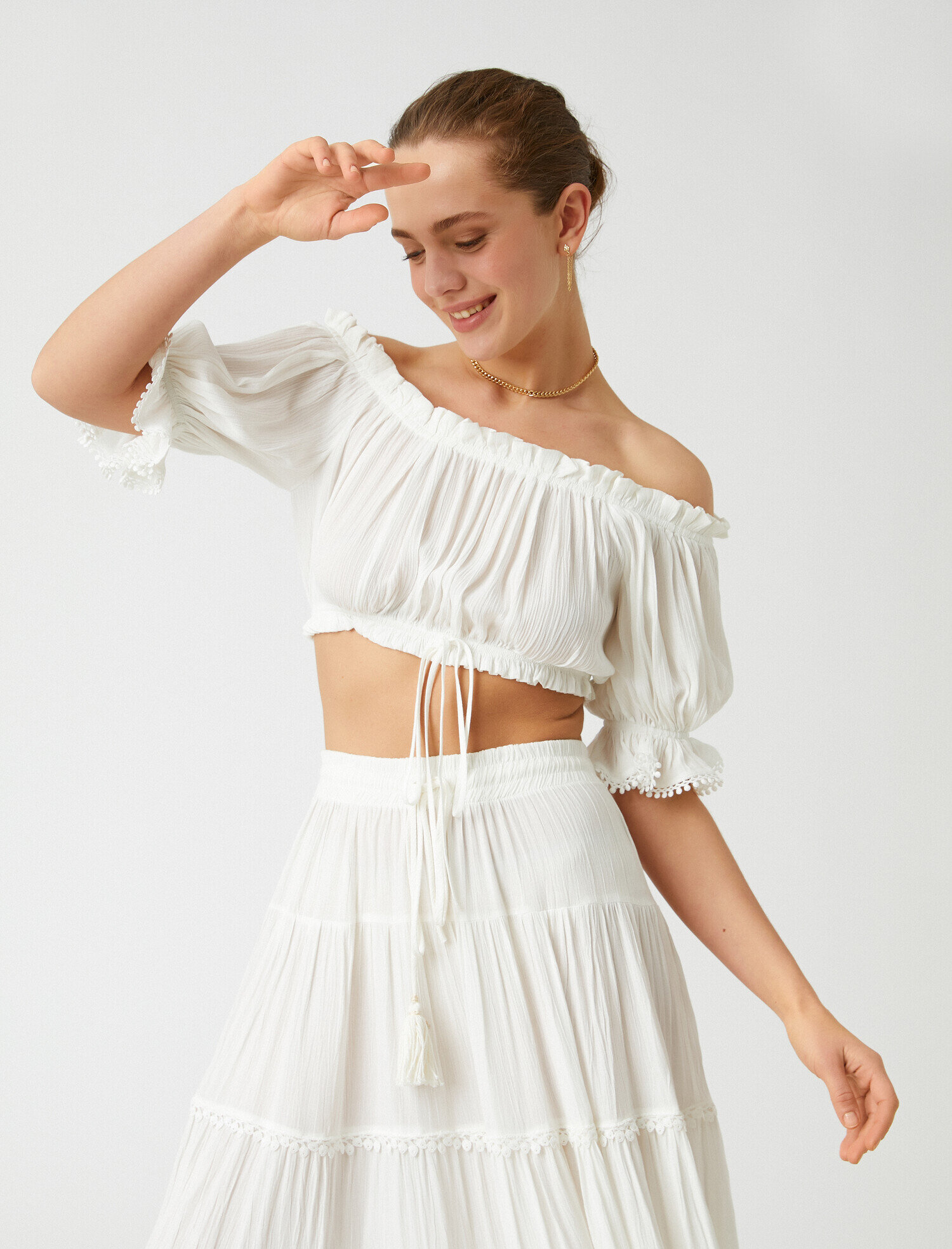   Crop Bluz Büzgülü Omzu Açık