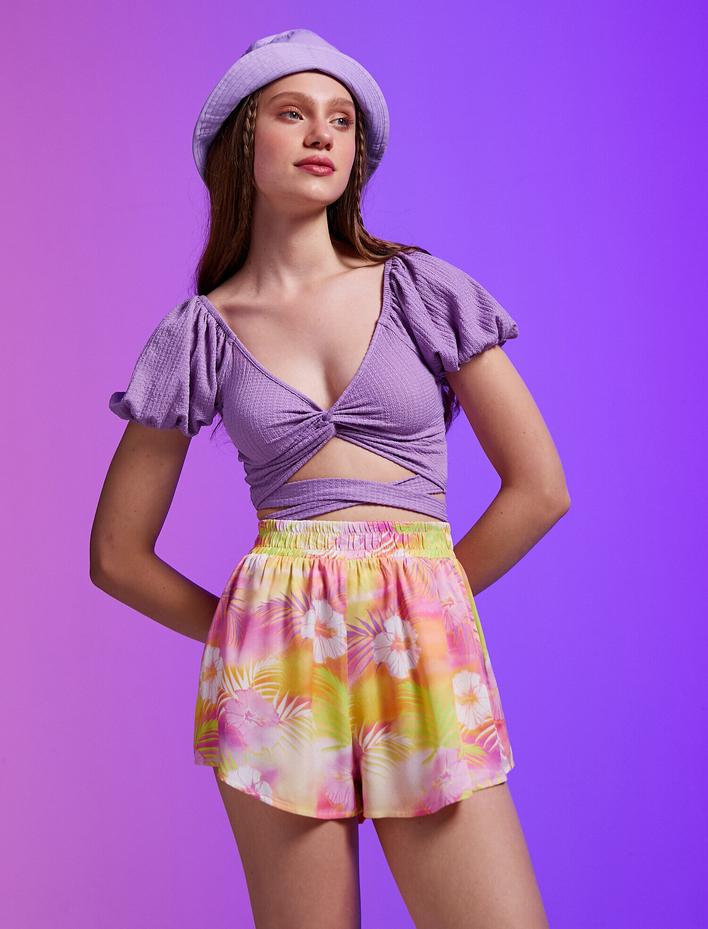  Crop Tişört Çapraz Detaylı V Yaka