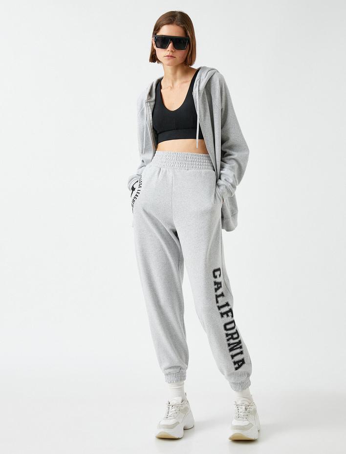  Jogger Eşofman Altı Baskılı Yüksek Bel İçi Polarlı