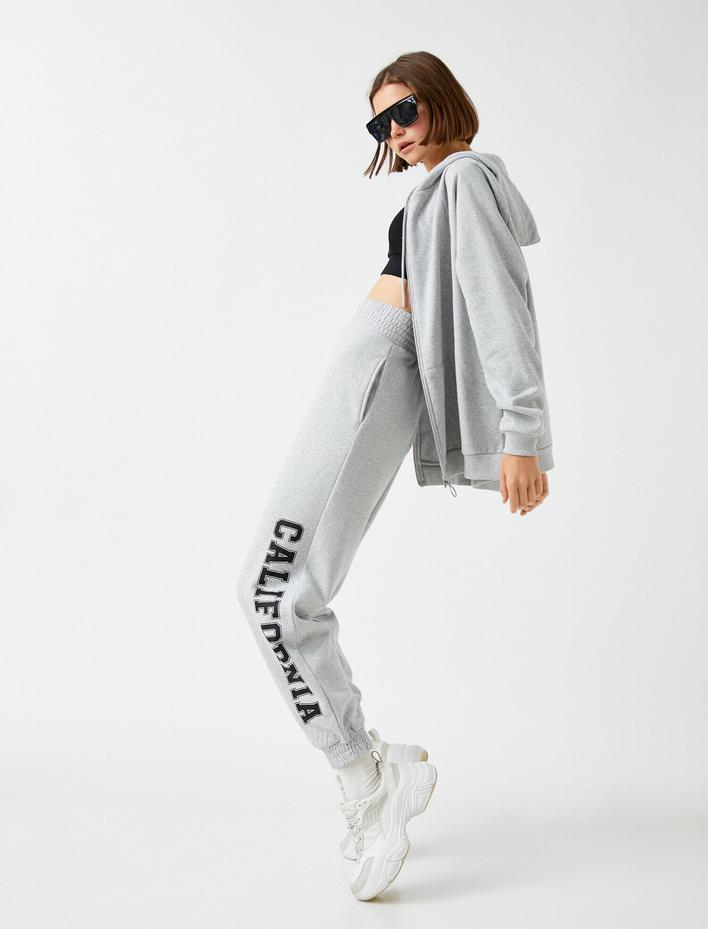  Jogger Eşofman Altı Baskılı Yüksek Bel İçi Polarlı