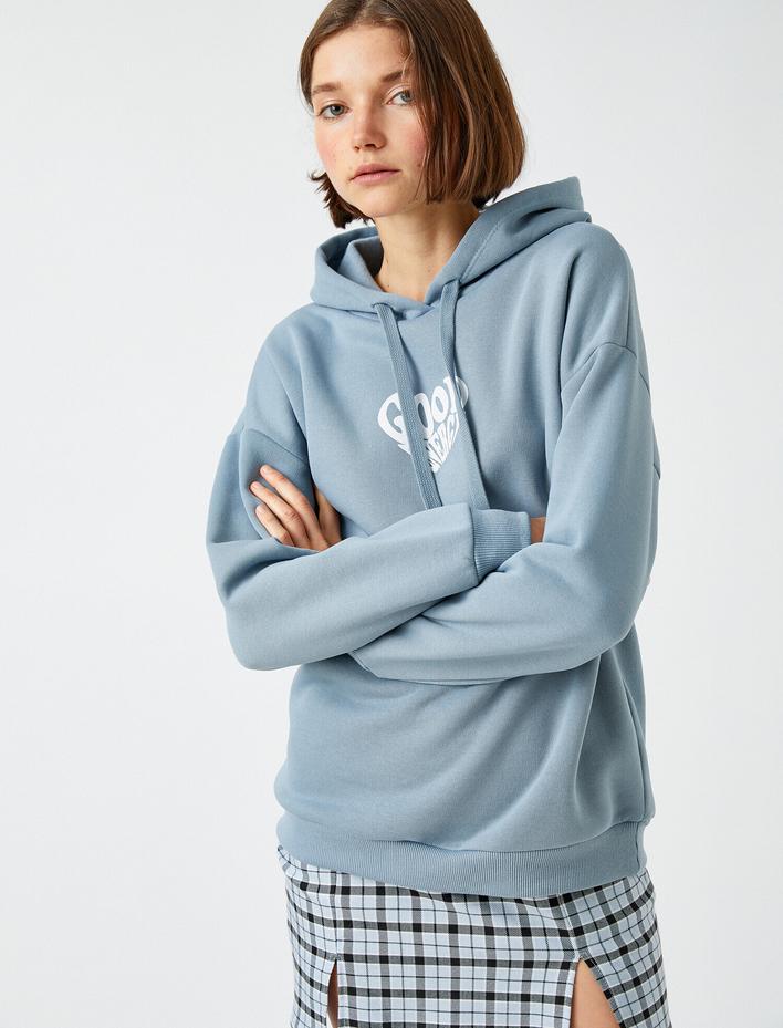  Oversize Baskılı Sweatshirt Kapüşonlu İçi Polarlı