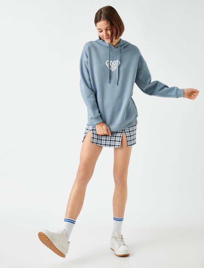  Oversize Baskılı Sweatshirt Kapüşonlu İçi Polarlı
