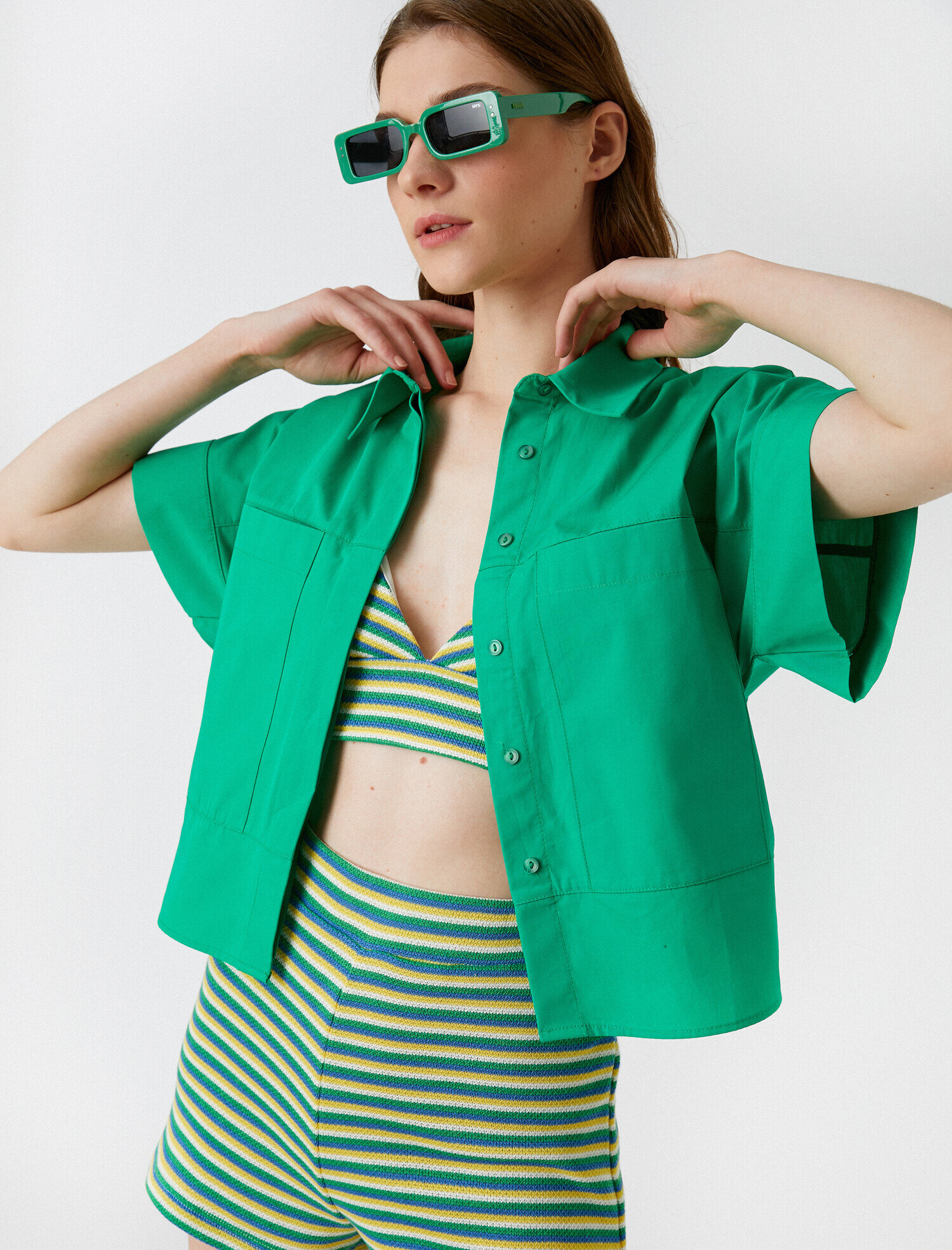   Oversize Crop Poplin Gömlek Kısa Kollu