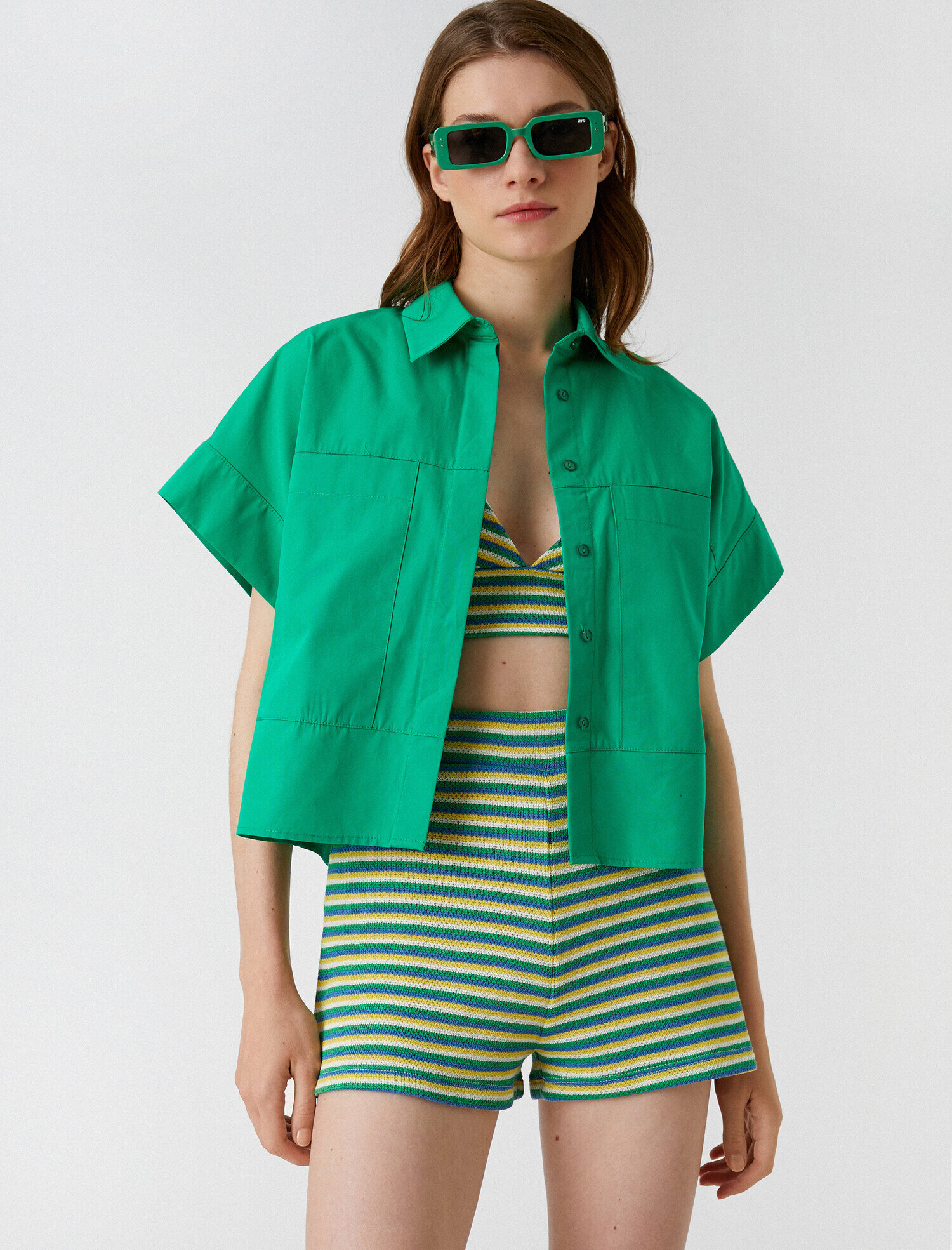   Oversize Crop Poplin Gömlek Kısa Kollu