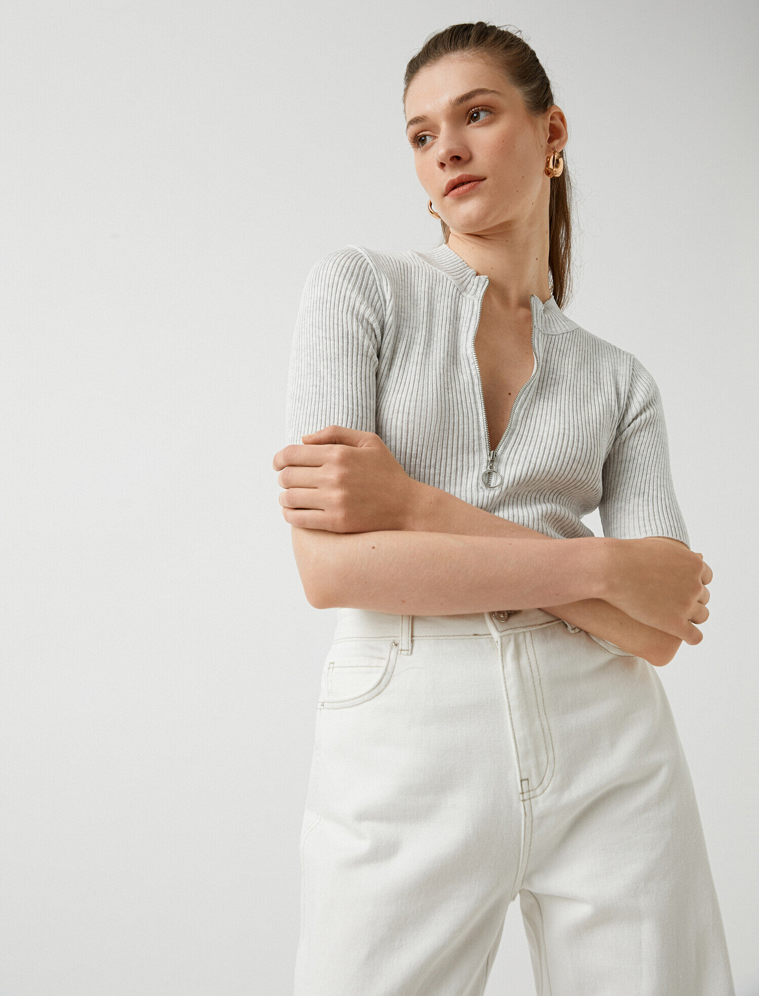   Kısa Kollu Triko Fermuar Detaylı Kaşmir Dokulu