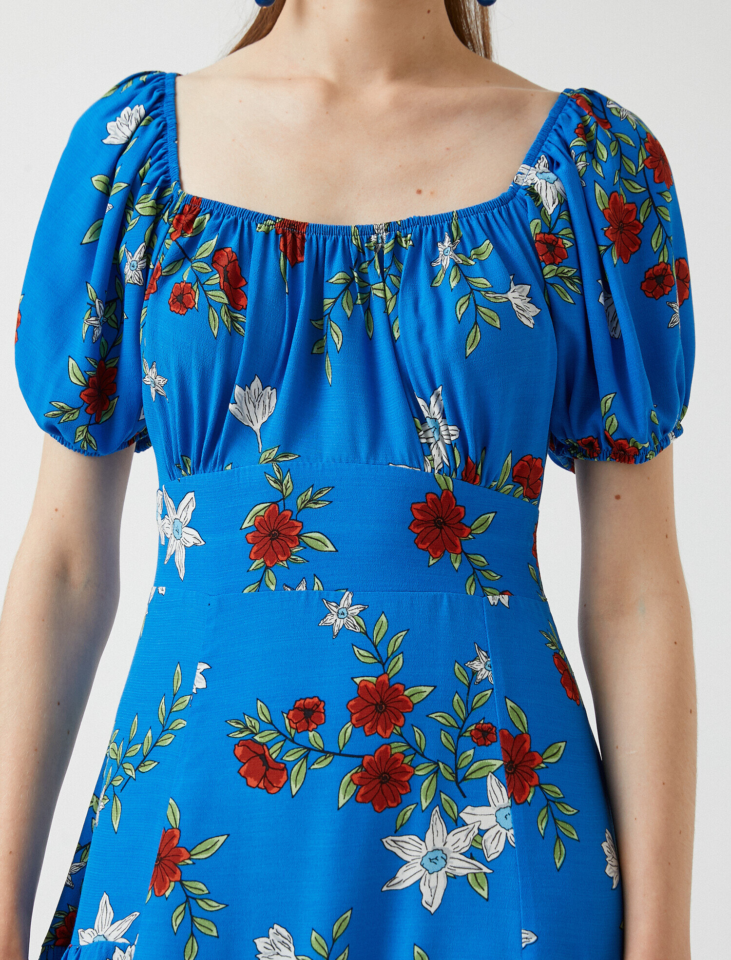   Midi Boy Viskon Elbise Kare Yaka Kısa Kollu