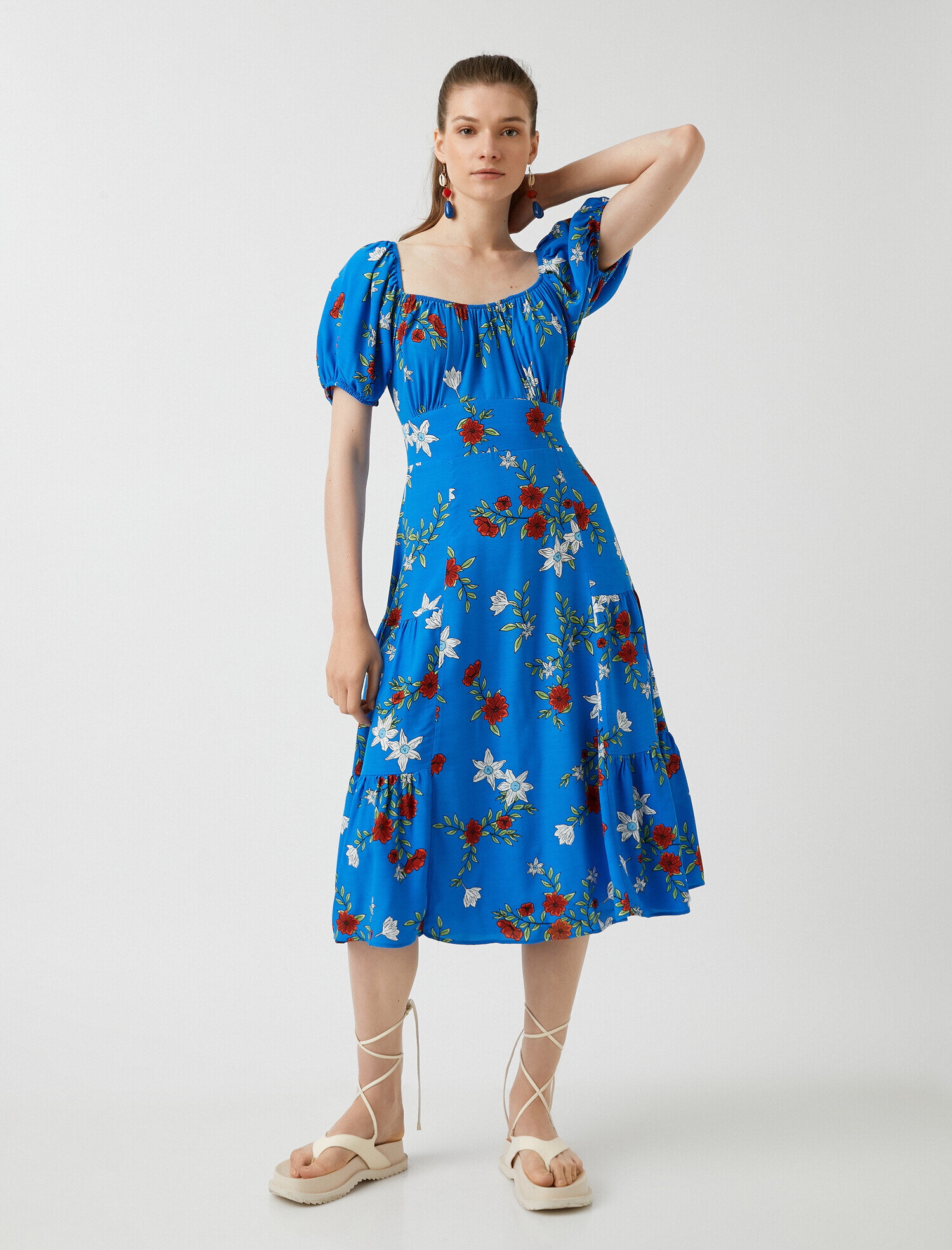   Midi Boy Viskon Elbise Kare Yaka Kısa Kollu