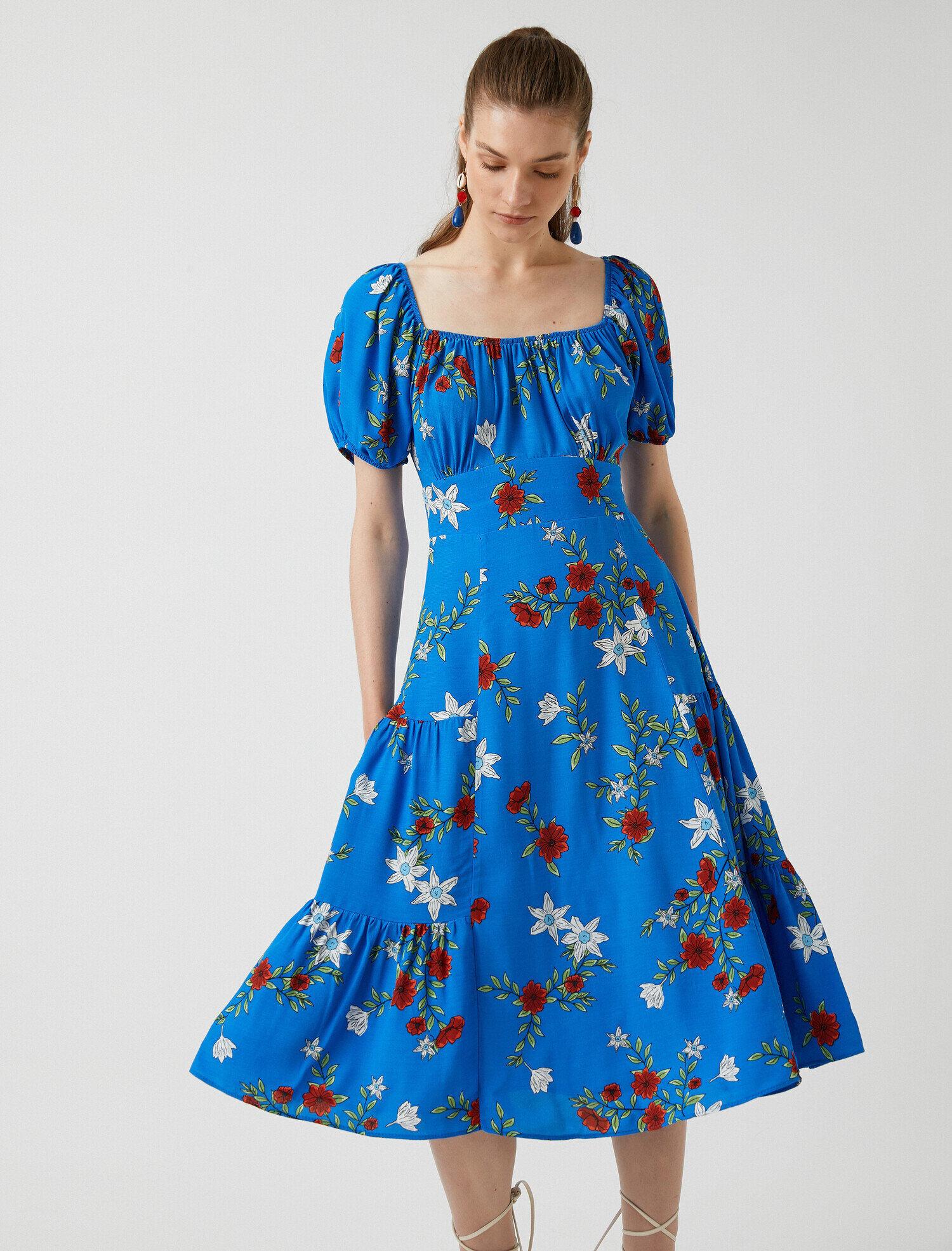   Midi Boy Viskon Elbise Kare Yaka Kısa Kollu