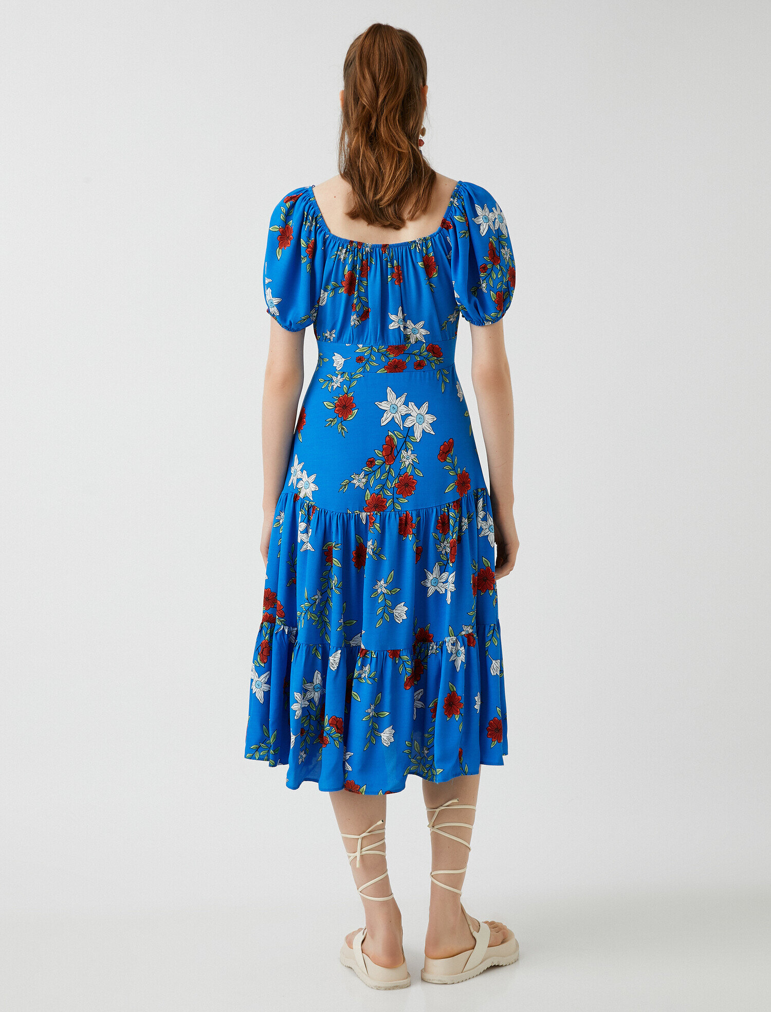   Midi Boy Viskon Elbise Kare Yaka Kısa Kollu