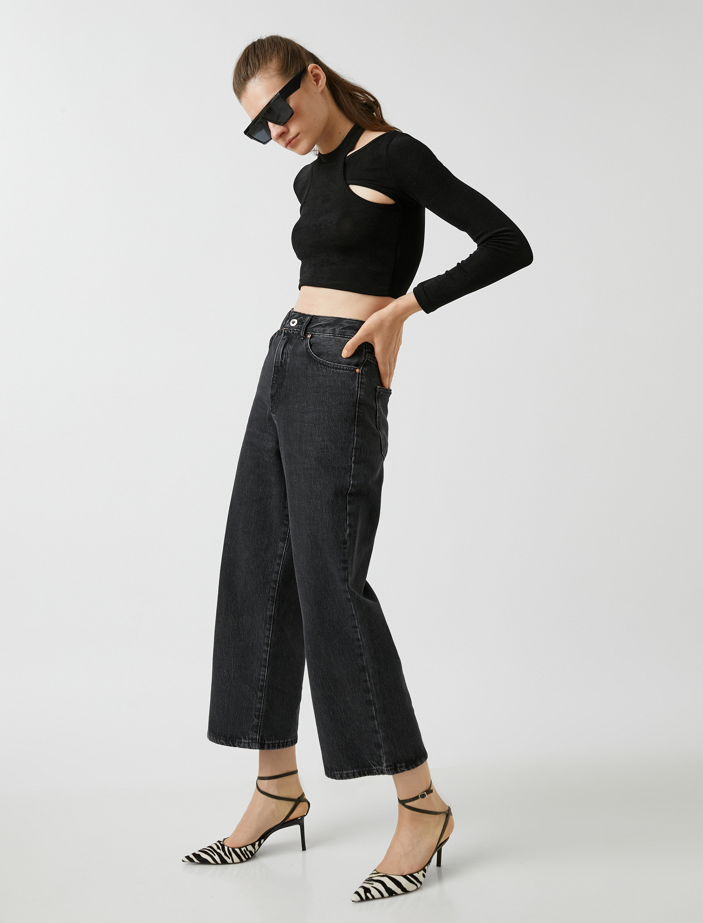   Kot Pantolon Geniş Paça Yüksek Bel Rahat Kesim - Bianca Crop Jean