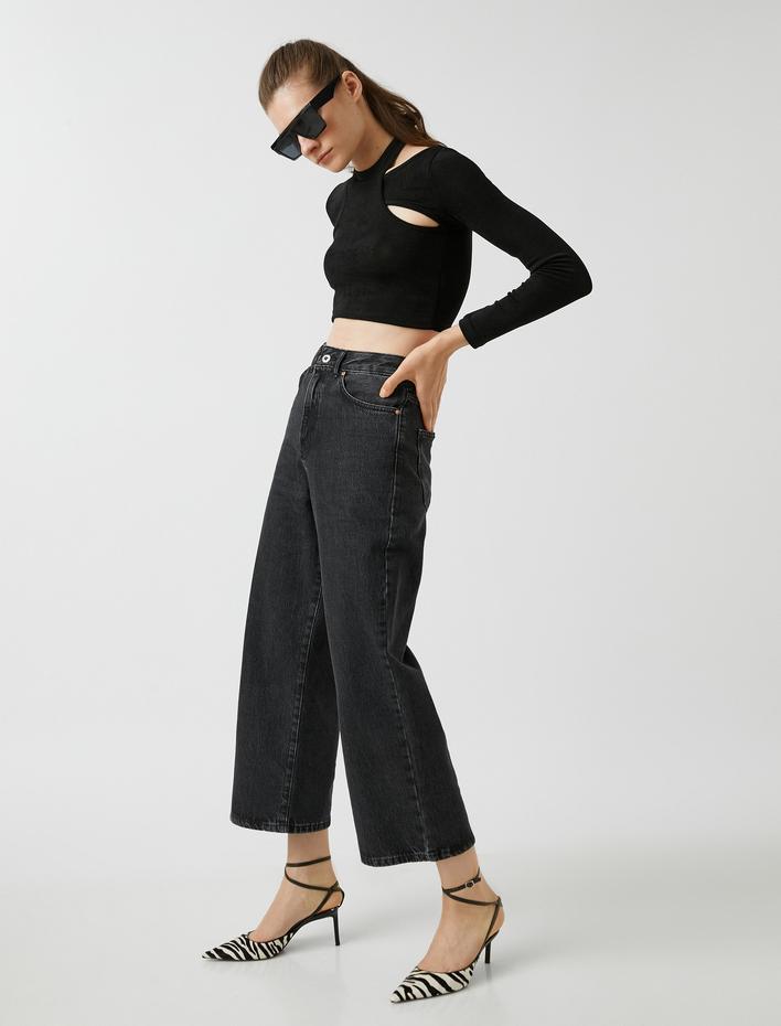  Kot Pantolon Geniş Paça Yüksek Bel Rahat Kesim - Bianca Crop Jean