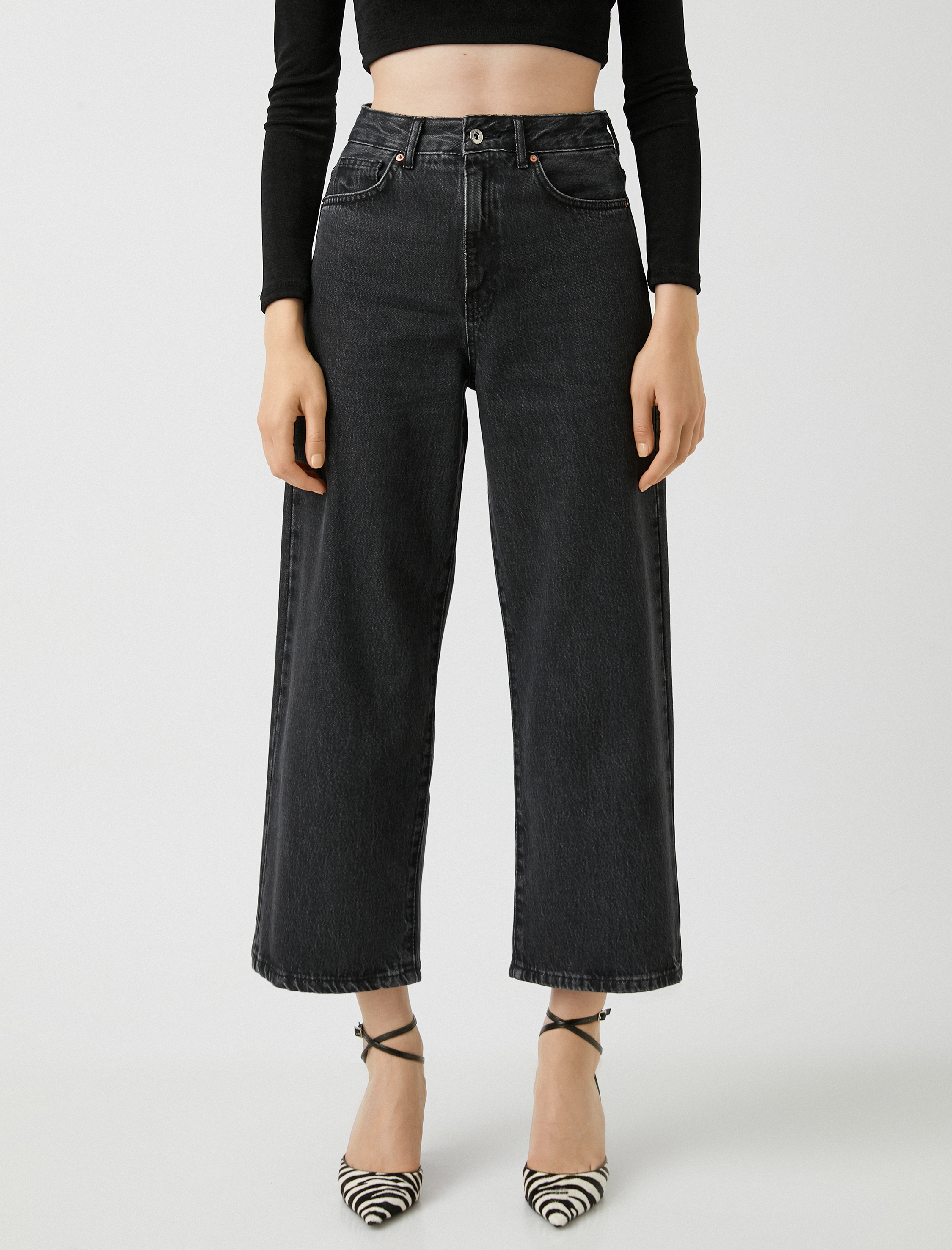   Kot Pantolon Geniş Paça Yüksek Bel Rahat Kesim - Bianca Crop Jean