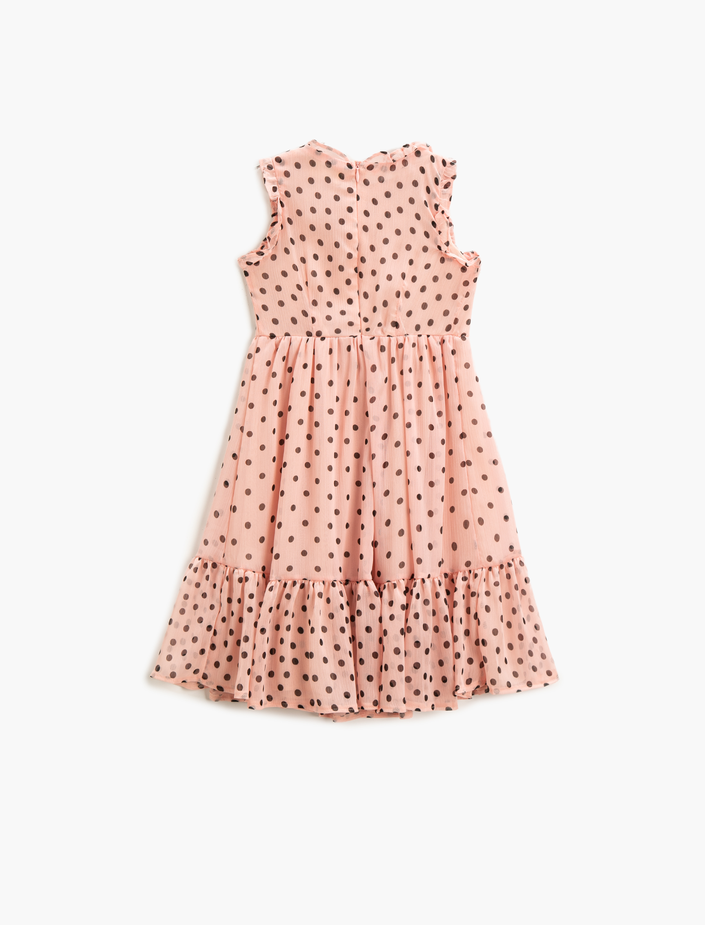  Kız Çocuk Elbise Midi Puantiyeli Kolsuz Volanlı