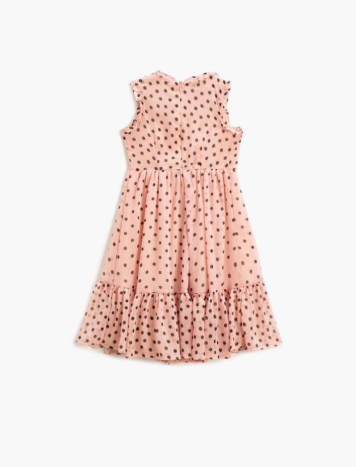 Kız Çocuk Elbise Midi Puantiyeli Kolsuz Volanlı