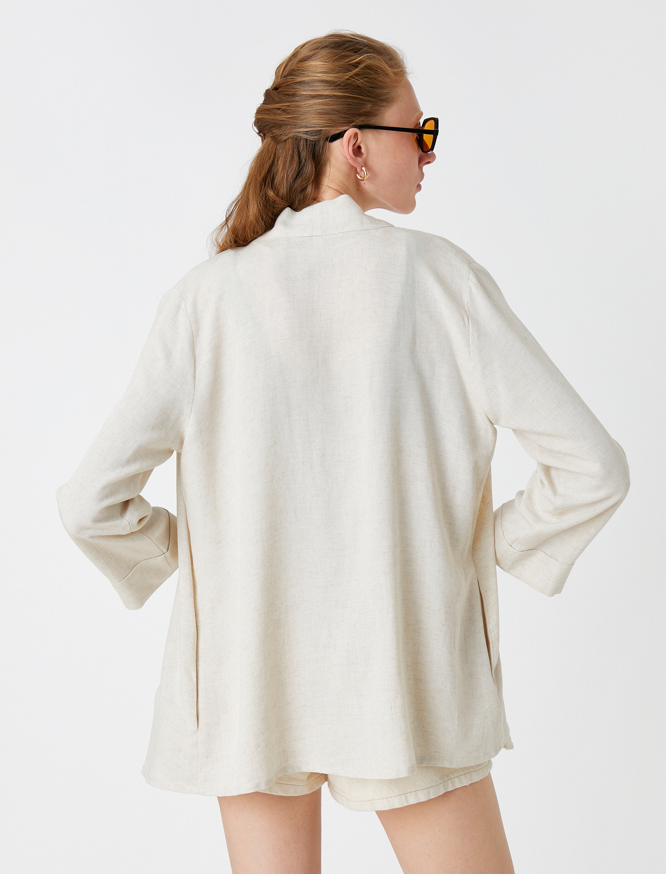   Kısa Kimono Uzun Kollu Keten Karışımlı