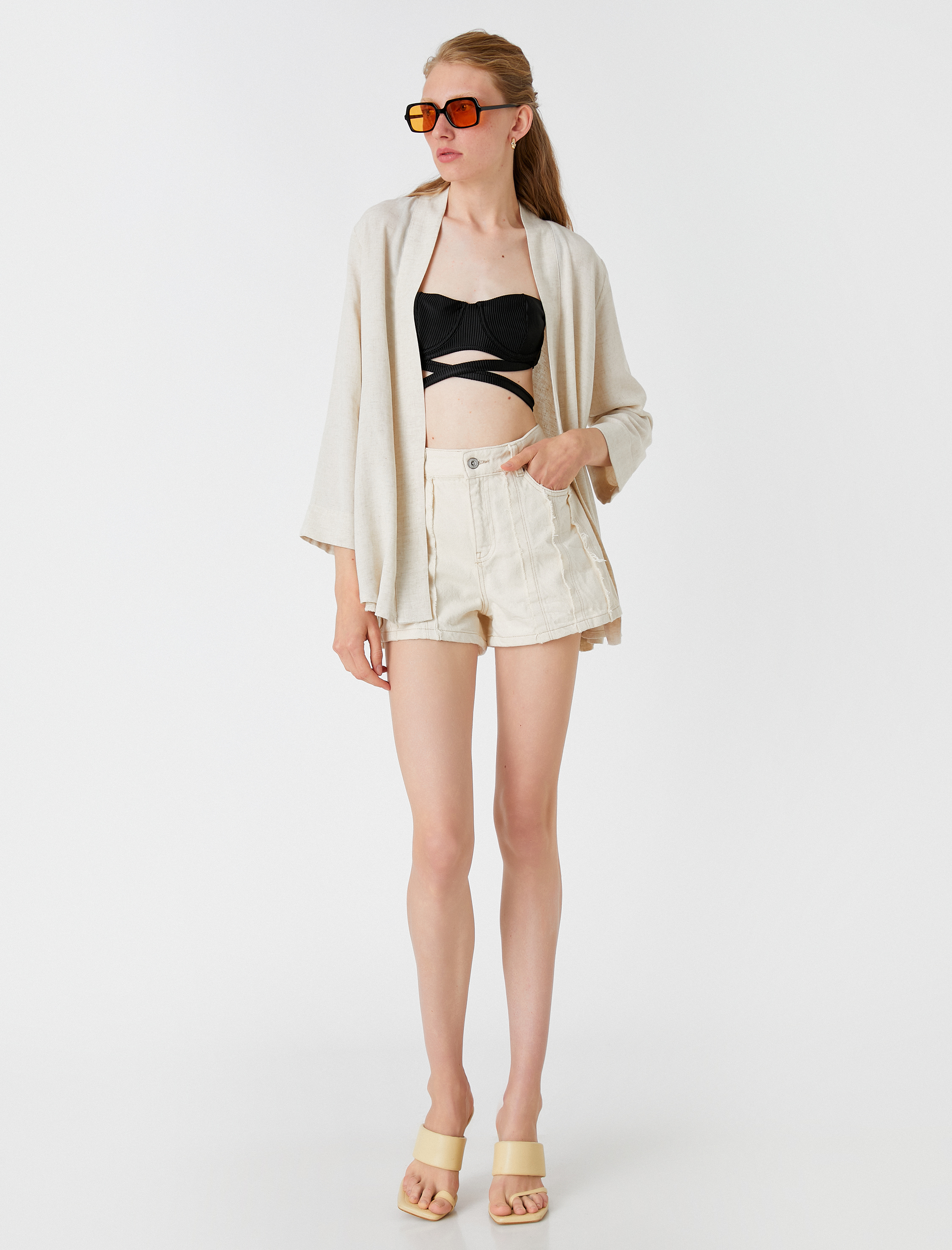   Kısa Kimono Uzun Kollu Keten Karışımlı