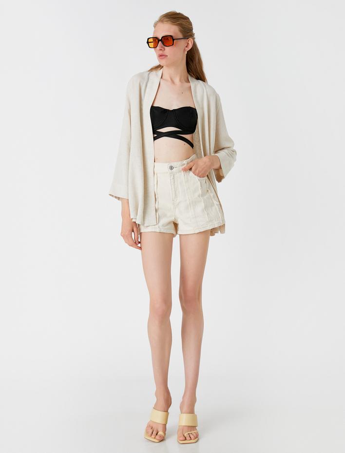  Kısa Kimono Uzun Kollu Keten Karışımlı