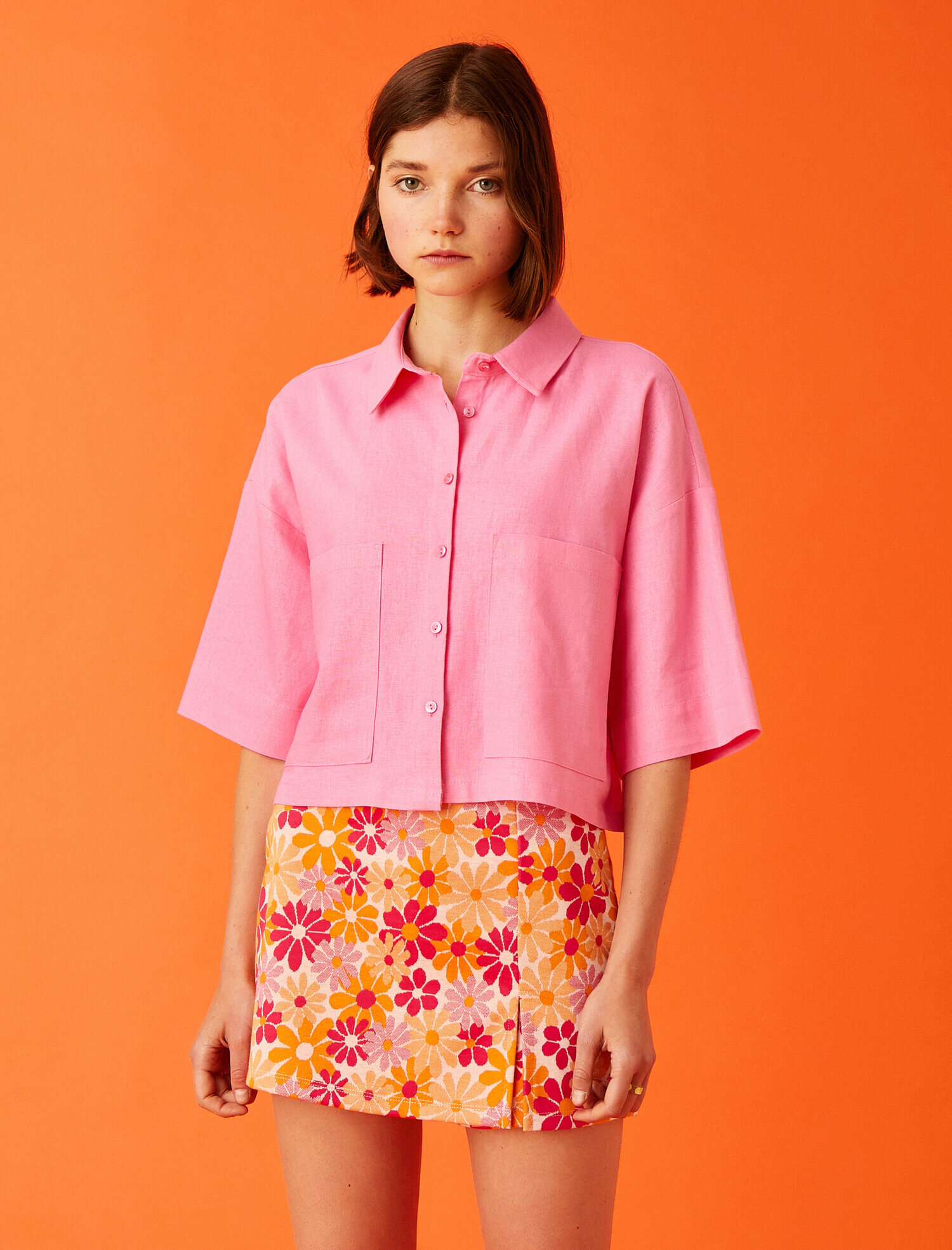   Oversize Crop Kısa Kollu Gömlek Keten Karışımlı