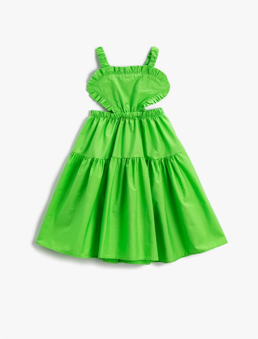  Kız Çocuk Elbise Fırfırlı Midi Sırtı Lastikli Pencere Detaylı Askılı Pamuklu